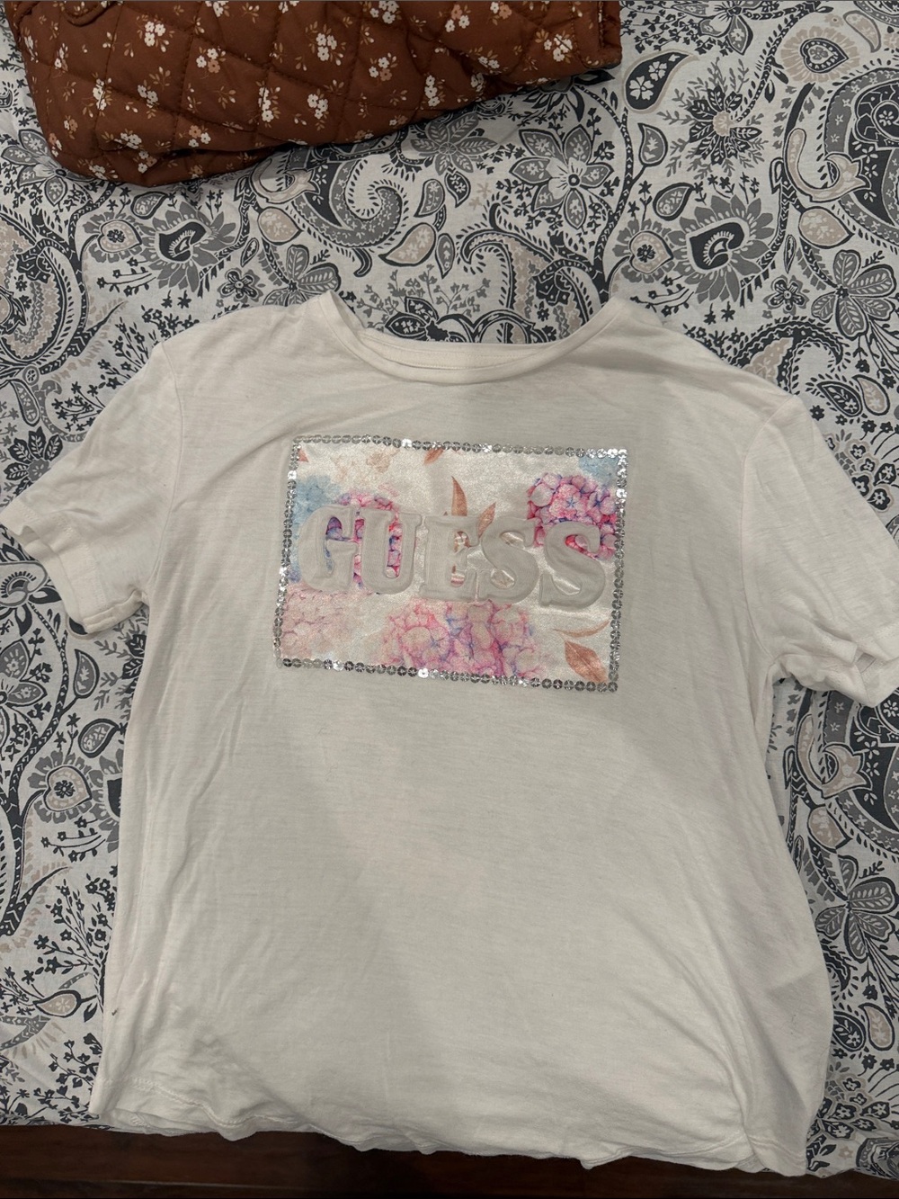Guess White Tee with Floral Logo and Silver Trim